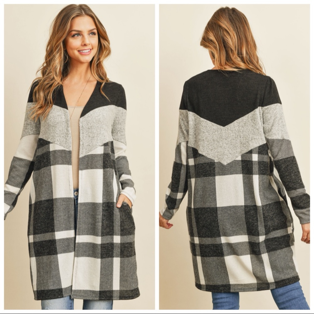 NEW V Color Block Plaid Cardigan White Gray Black